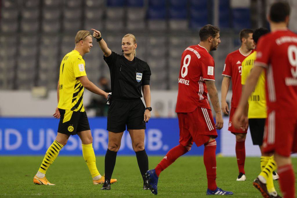 Referee Bibiana Steinhaus gestures during the Supercup 2020 match between FC Bayern Muenchen and Borussia Dortmund at Allianz Arena on September 30, 2020 in Munich, Germany. (Photo by Alexander Hassenstein/Getty Images )