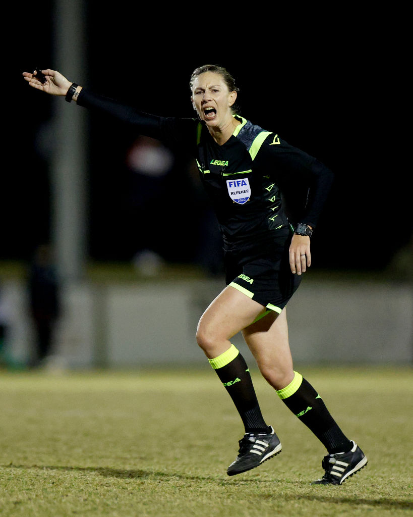 Match Referee Laura Lee in action during the round of 32 Australia Cup match between Bentleigh Green SC and Broadmeadow Magic at Kingston Heath Soccer Complex on July 21, 2022 in Melbourne, Australia. (Photo by Jonathan DiMaggio/Getty Images)